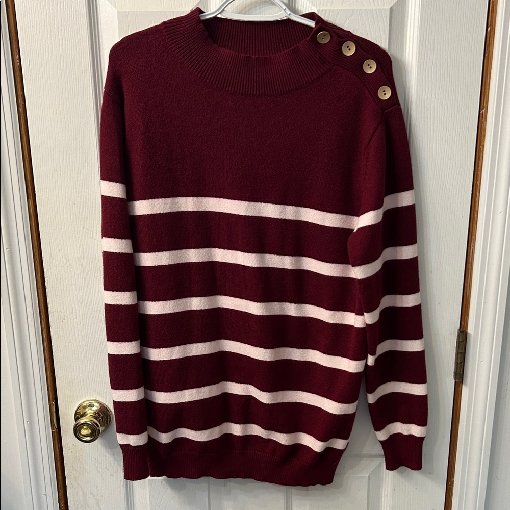 Striped Burgundy Sweater with Button Detail